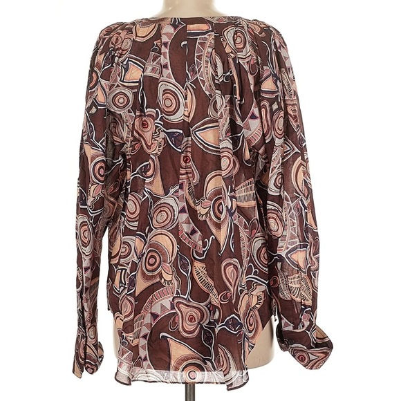 A.L.C. Brown Abstract Pattern Long Sleeve Split V-Neck Nomad Top Size 8 - Picture 4 of 5